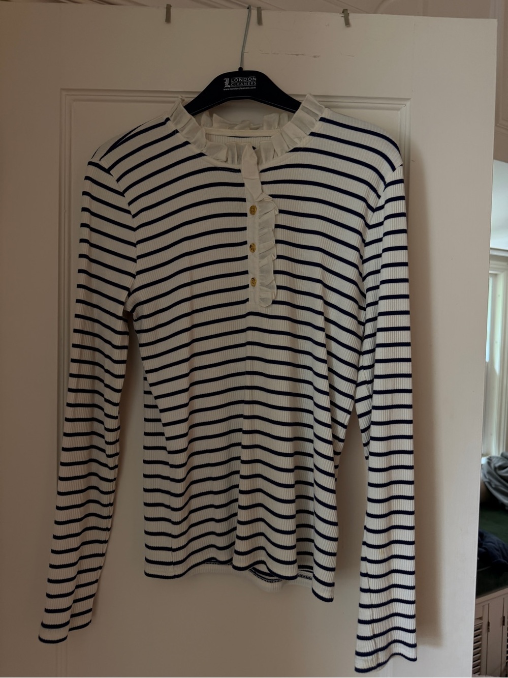 J. Crew White and Navy Striped Ruffle Henley Long-Sleeve Tee